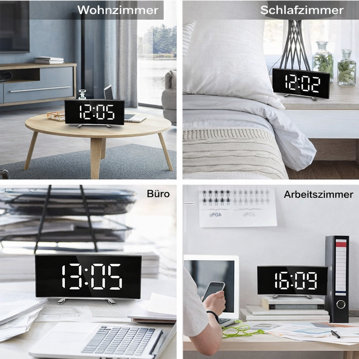 Digital Alarm Clock with Curved LED Mirror Display and Auto Dimming