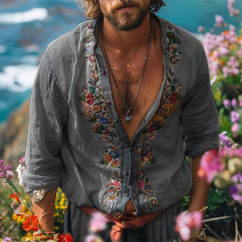 Men's Shirt with Grandad Collar - Light Summer Shirt
