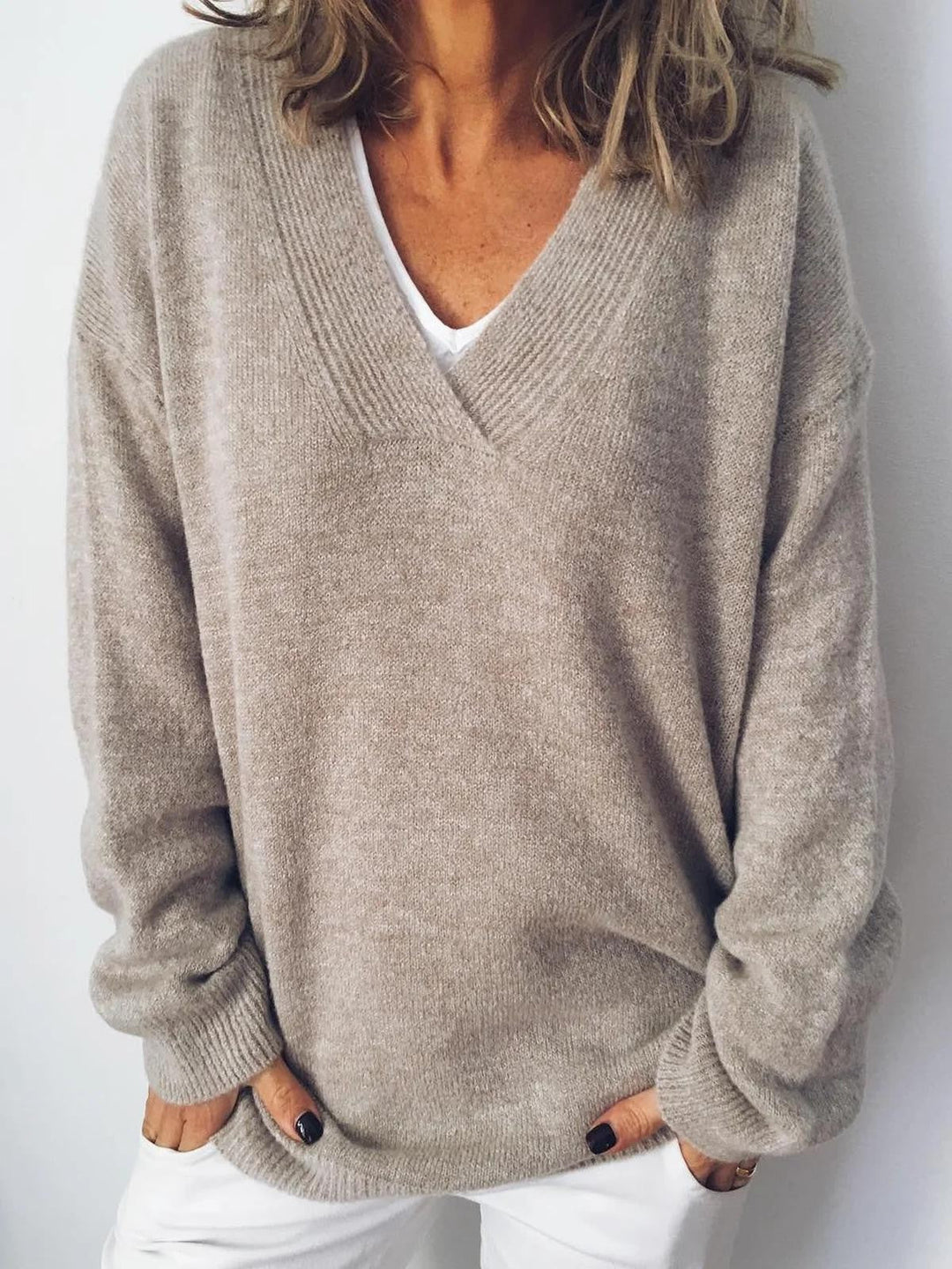 Apricot V-Neck Long-Sleeve Sweater – Casual Solid Style for Everyday Wear