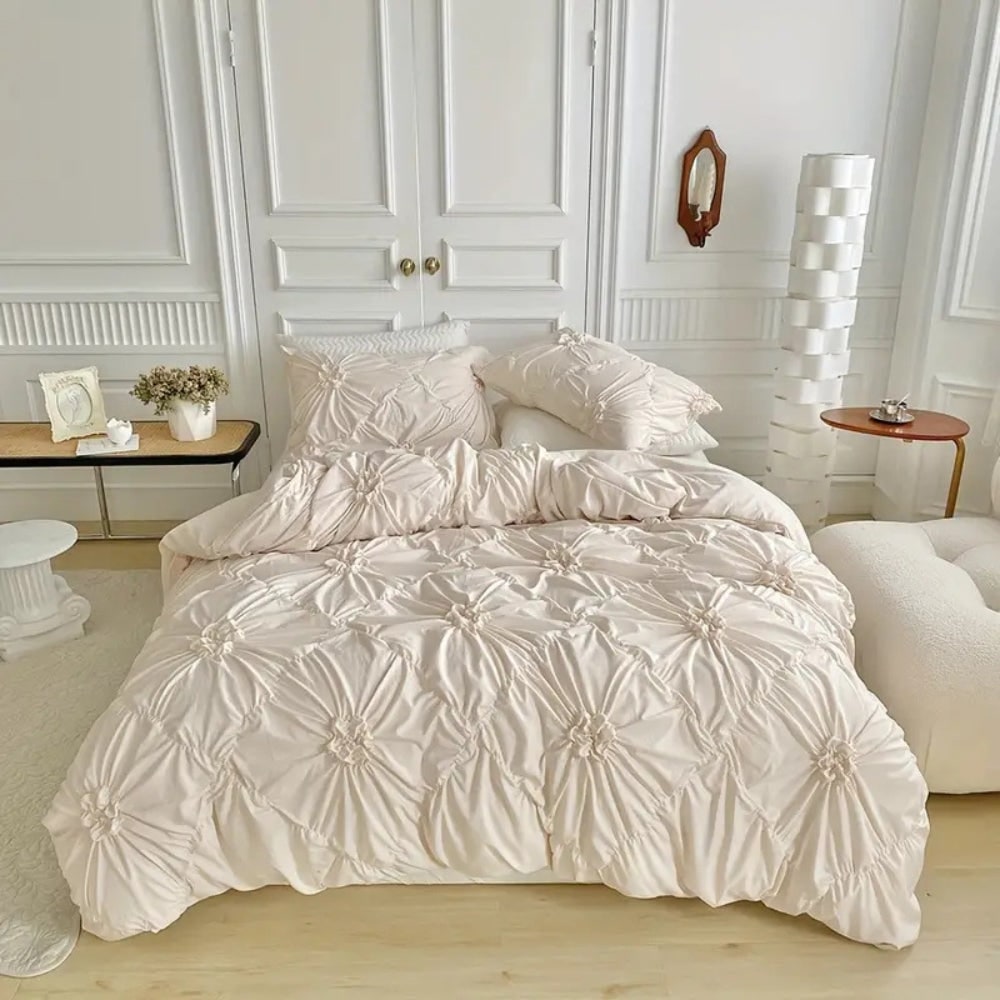 Duvet Cover Set with Pinch Pleat and Ruffled Flower Rosettes Textured Bedding Full Size