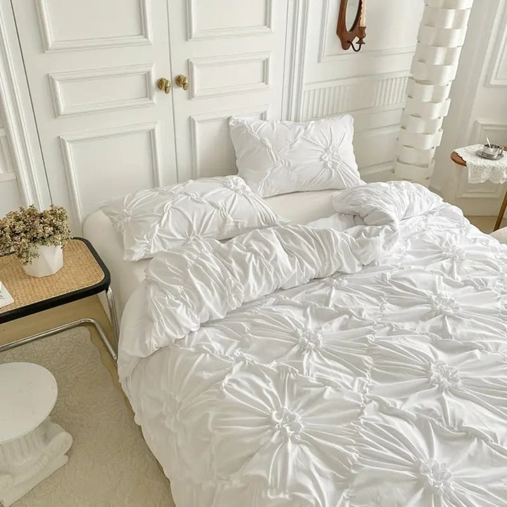 Duvet Cover Set with Pinch Pleat and Ruffled Flower Rosettes Textured Bedding Full Size