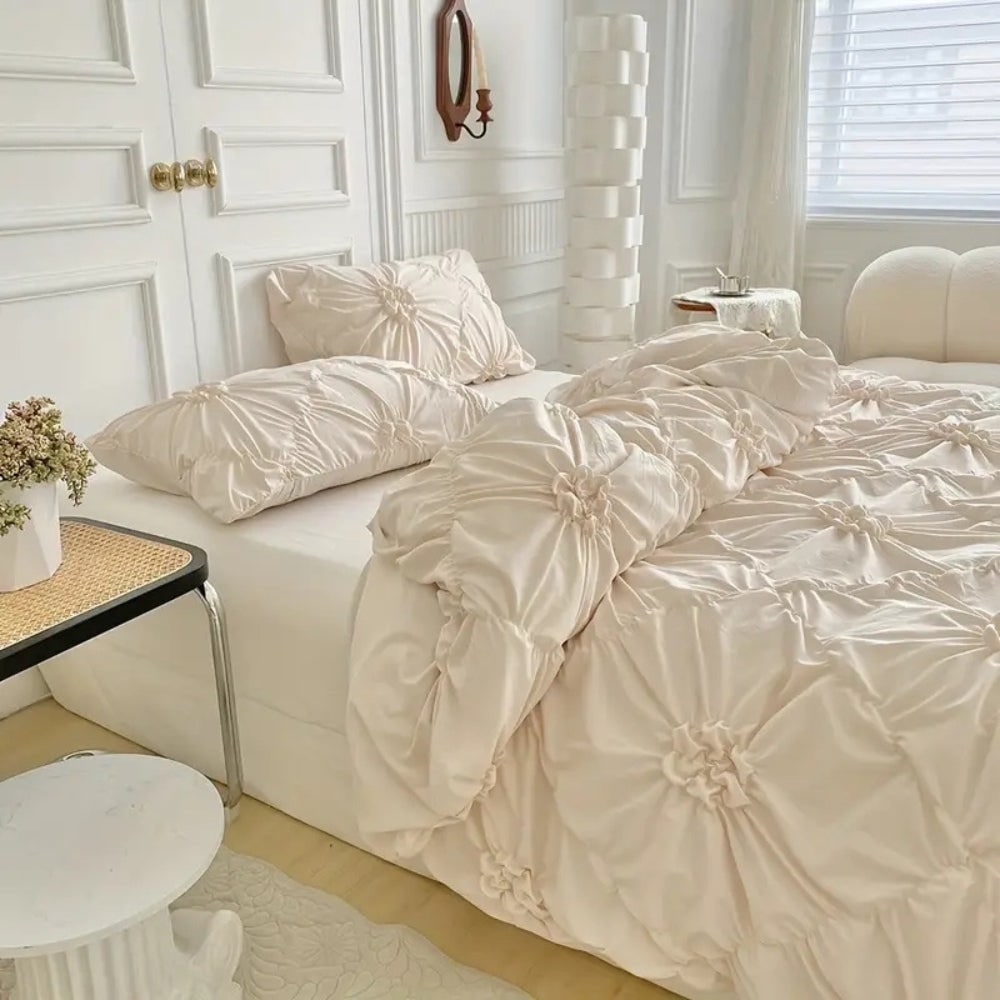 Duvet Cover Set with Pinch Pleat and Ruffled Flower Rosettes Textured Bedding Full Size