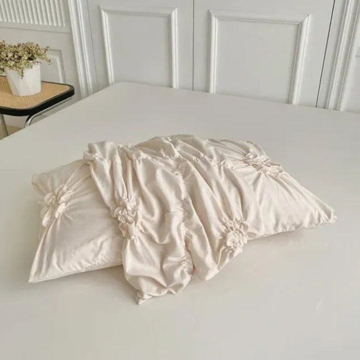 Duvet Cover Set with Pinch Pleat and Ruffled Flower Rosettes Textured Bedding Full Size