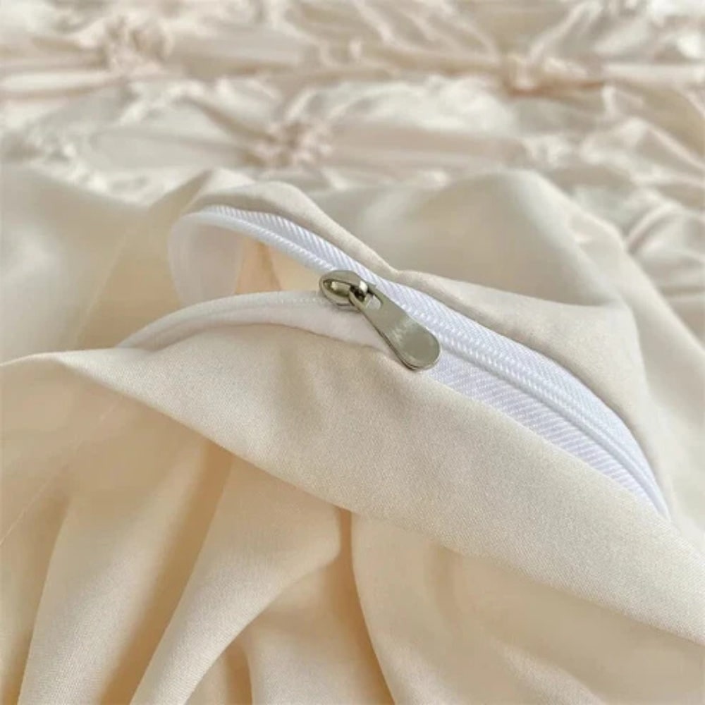 Duvet Cover Set with Pinch Pleat and Ruffled Flower Rosettes Textured Bedding Full Size