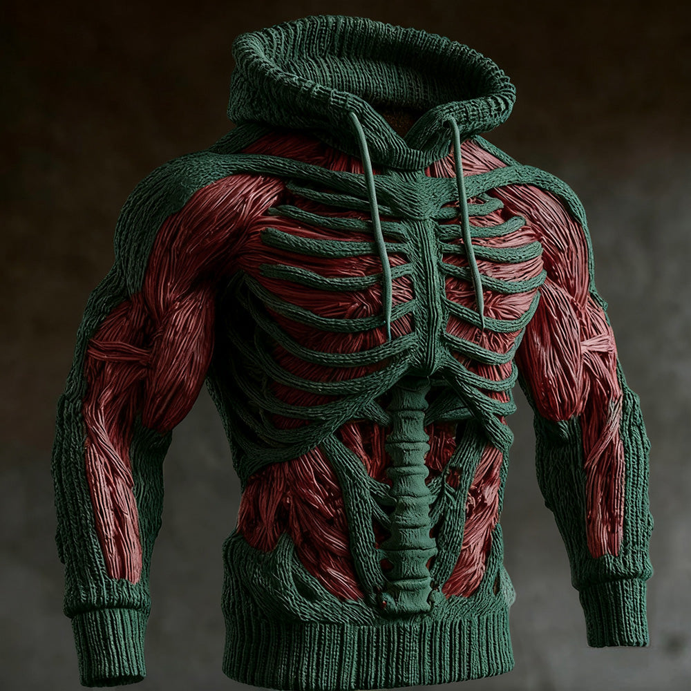 Men's Halloween Knit Hoodie with 3D Skeleton Design, Long Sleeve
