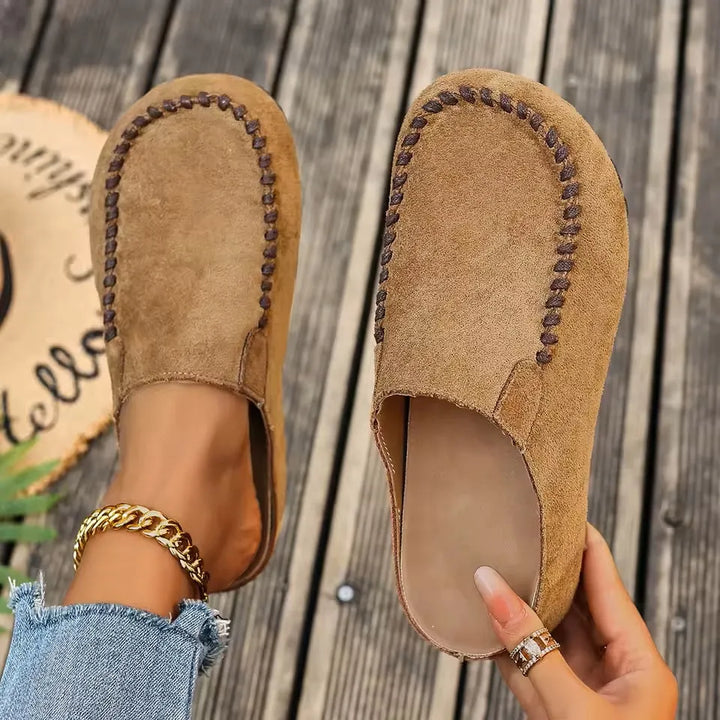 Slip-On Leather Sandals with Orthopedic, Soft Suede-Look Upper and Flat Sole