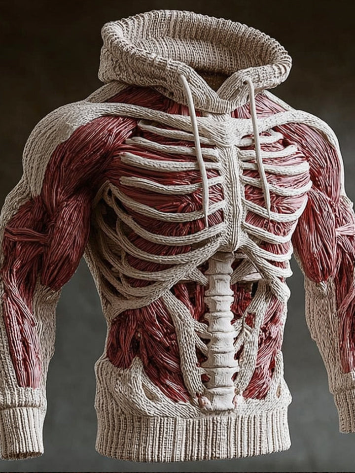 Men's Halloween Knit Hoodie with 3D Skeleton Design, Long Sleeve