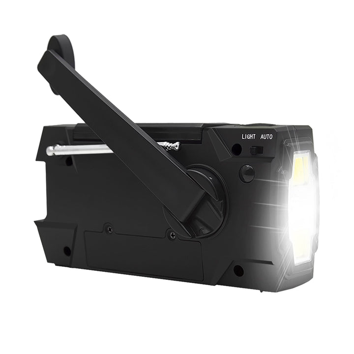 Emergency Radio Beacon with Hand Crank Solar Panel and LED Flashlight Powered