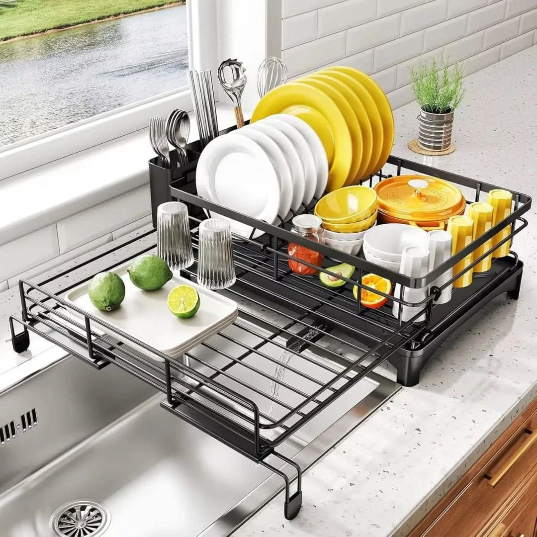 Expandable Dish Drying Rack with Integrated Drip Tray and Over Sink Extension