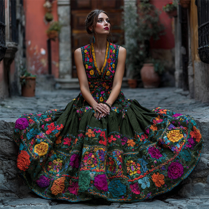 Women's Sleeveless Floral V-Neck Maxi Dress for Parties and Special Occasions