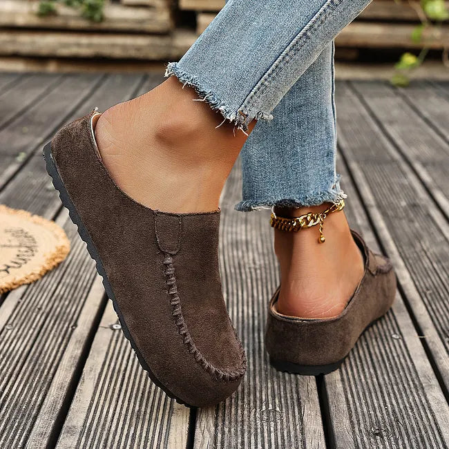 Leather Slip-On Orthopedic Sandals with Suede-Like Soft Upper and Flat Sole