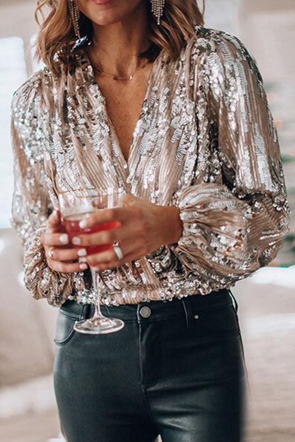 Sparkling & Stylish Women's Glitter V-Neck Long-Sleeve Top – Naya