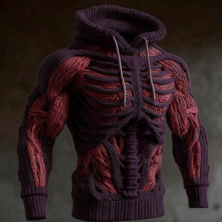 Men's Halloween Knit Hoodie with 3D Skeleton Design, Long Sleeve