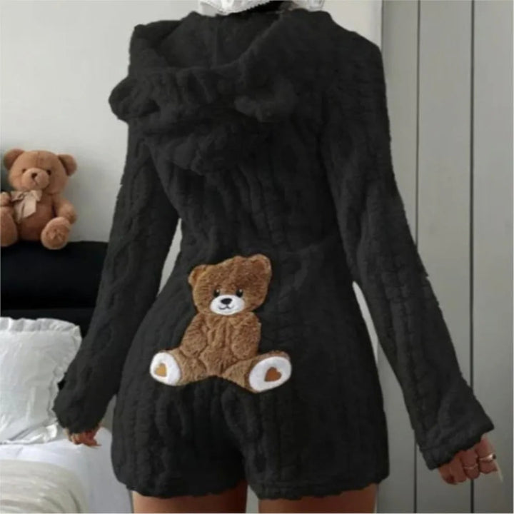 Fleece Romper with Long Sleeves Plush Hooded Design and Bear Ears