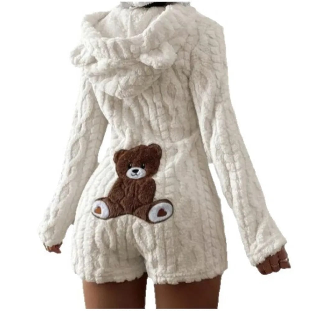 Fleece Romper with Long Sleeves Plush Hooded Design and Bear Ears