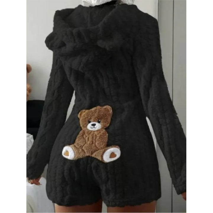 Fleece Romper with Long Sleeves Plush Hooded Design and Bear Ears