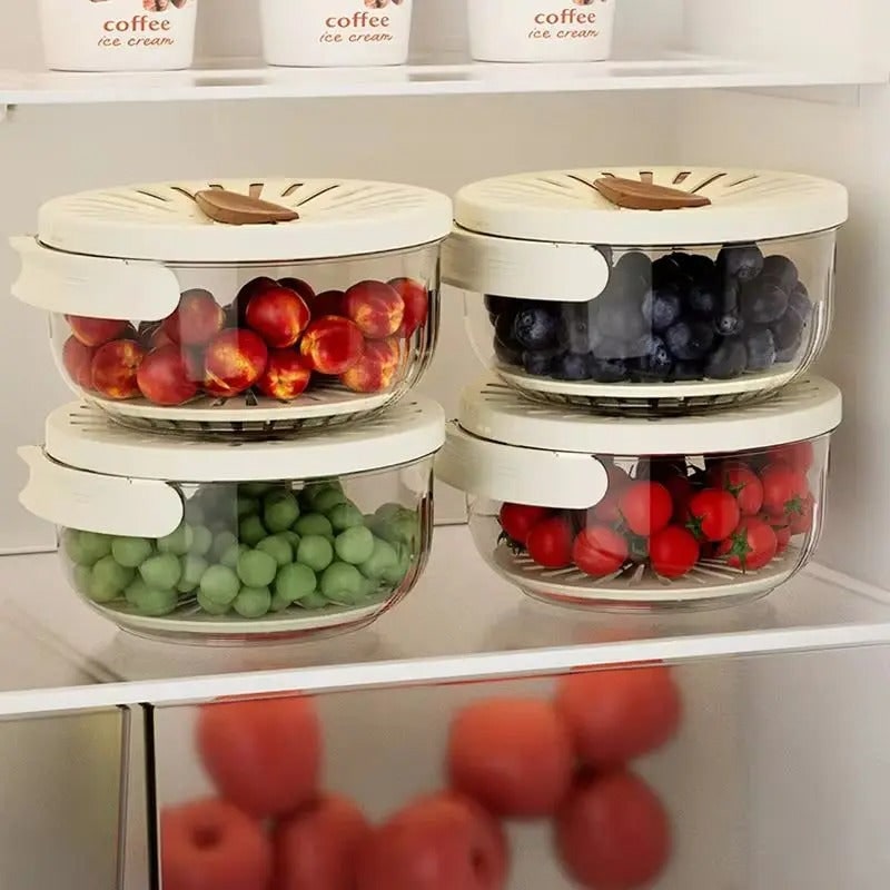Food Storage Container with Removable Colander Ventilated Lid and Folding Handle for Produce