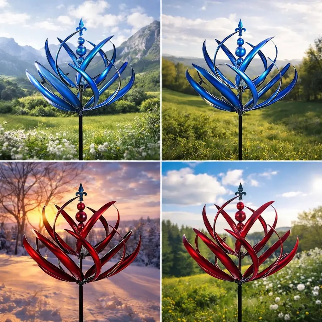 Garden Wind Spinners with Metal Lotus Flower Design and Kinetic Dual-Direction Rotation