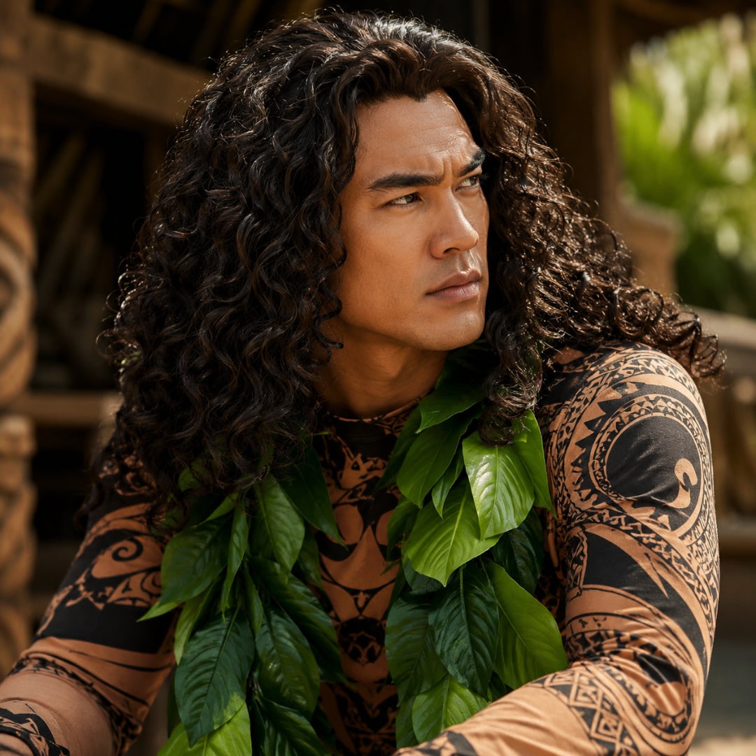 Halloween Bodysuit Costume with Tattoo Print and Faux Leaf Skirt Island Demigod
