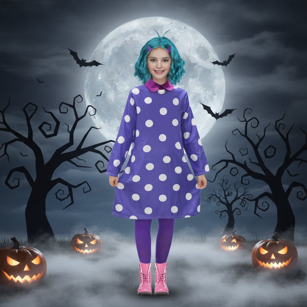 Halloween Cosplay Costume Character Dress with Polka Dot Pattern rounded Collar