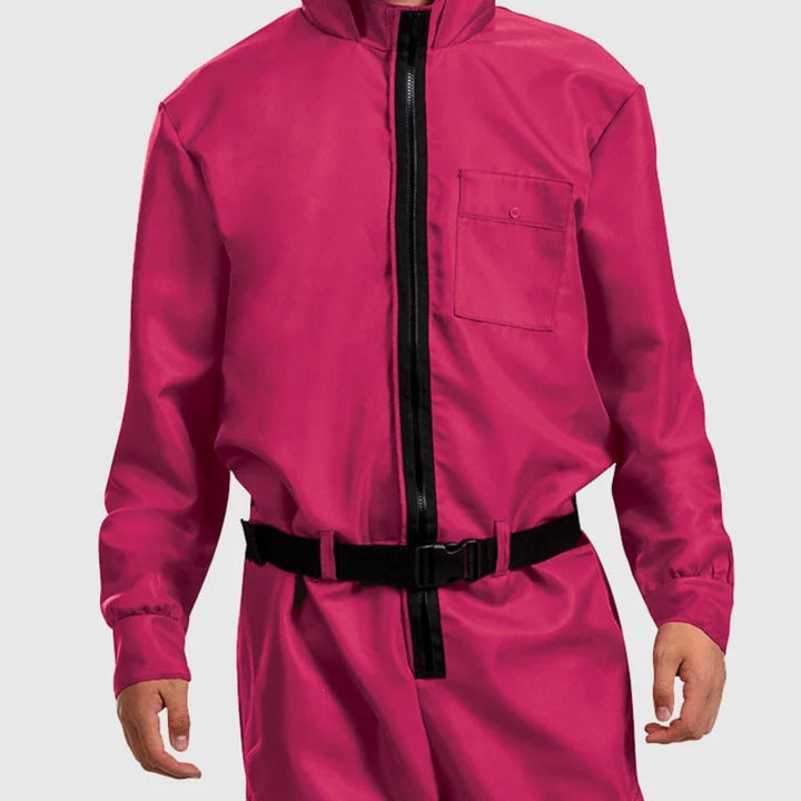 Halloween Pink Jumpsuit Costume with Mask and Belt for Party