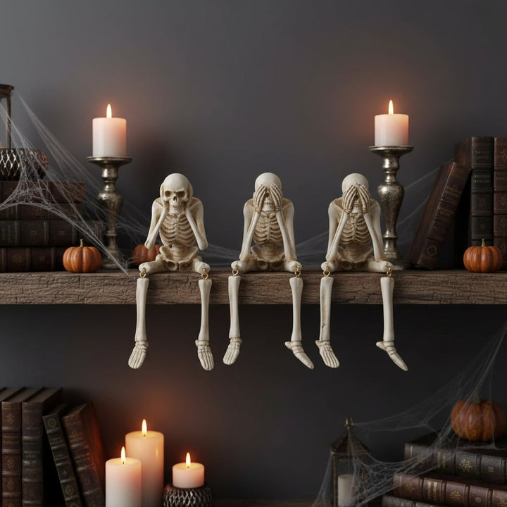 Halloween Skeleton Shelf Sitters Figurines with Dangling Legs and Poseable Joints