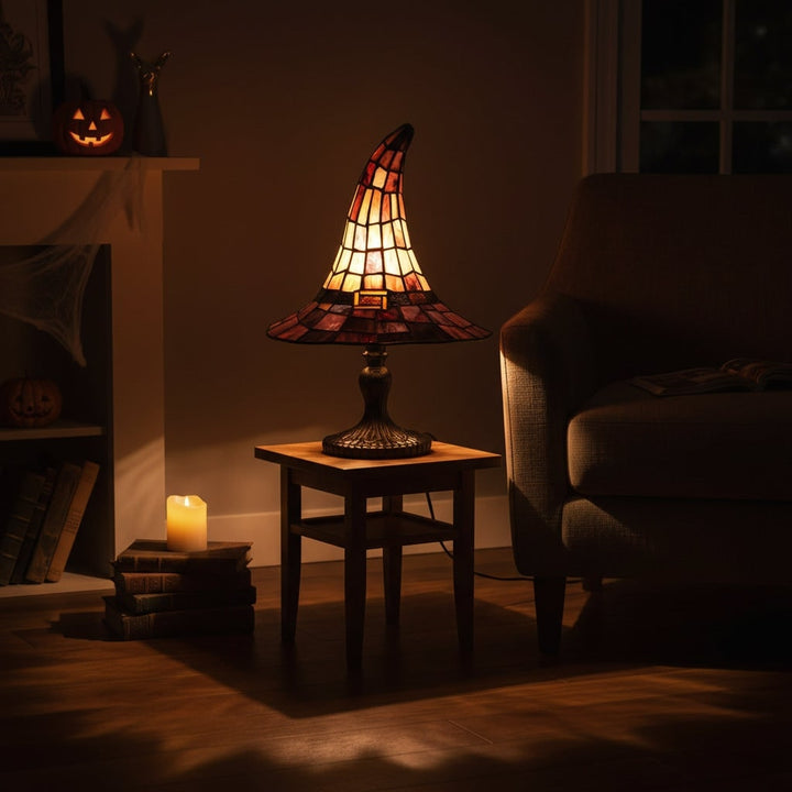 Halloween Witch Hat Stained Glass Table Lamp with Warm Glow Bedside Set of 2