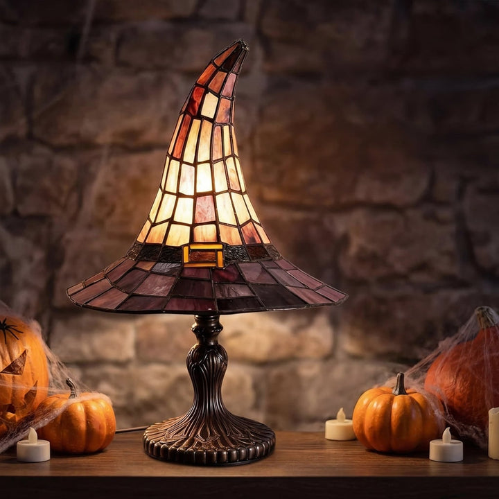 Halloween Witch Hat Stained Glass Table Lamp with Warm Glow Bedside Set of 2