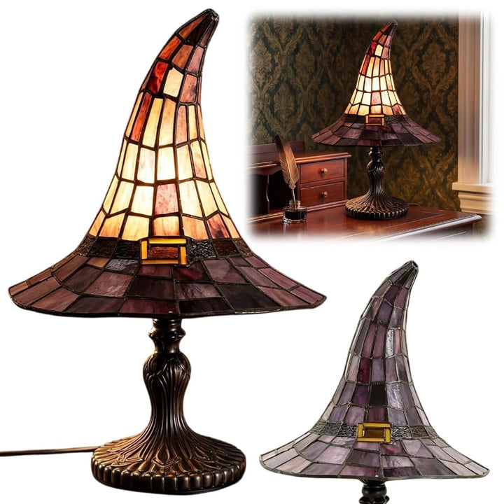 Halloween Witch Hat Stained Glass Table Lamp with Warm Glow Bedside Set of 2