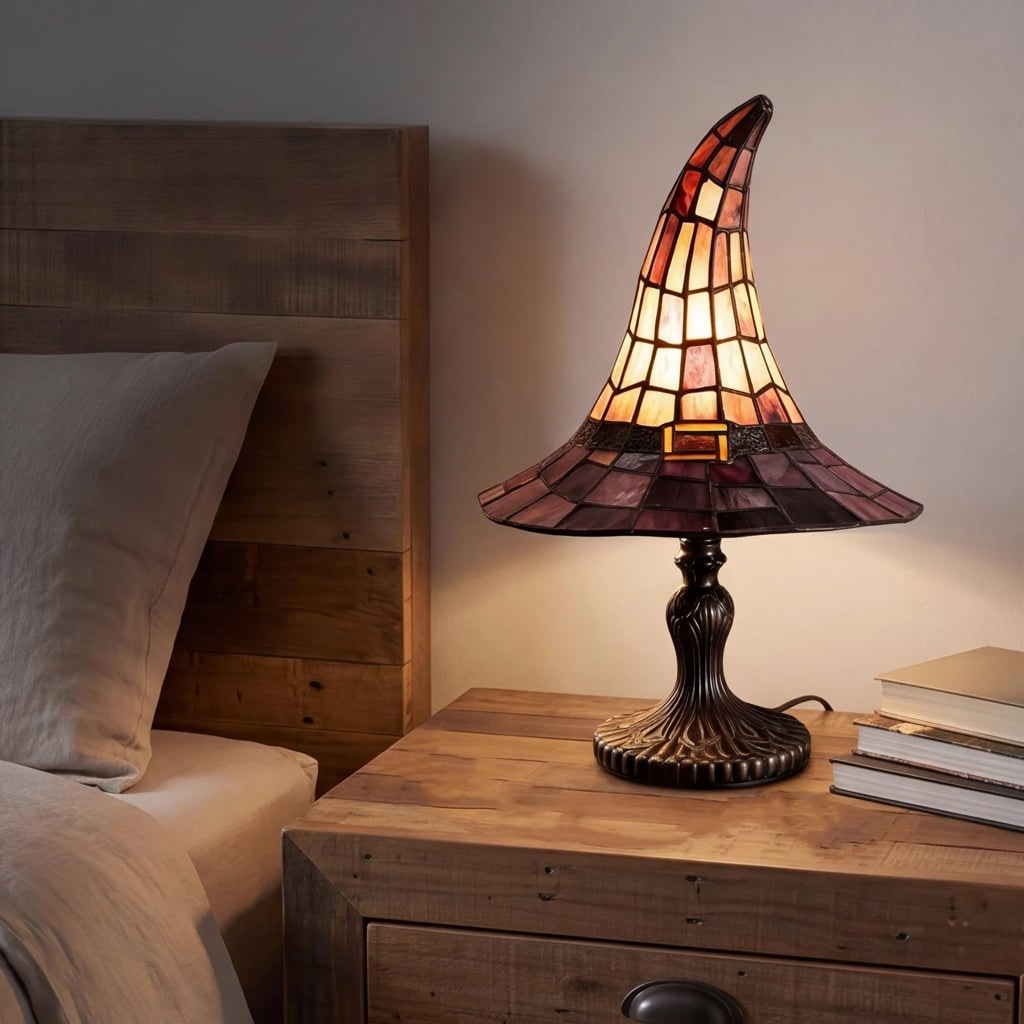Halloween Witch Hat Stained Glass Table Lamp with Warm Glow Bedside Set of 2