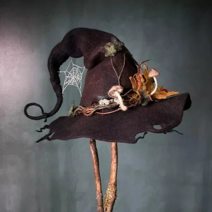 Halloween Witch Hat Felted Wool with Spiderweb Embroidery and Floral Design for Costume Party