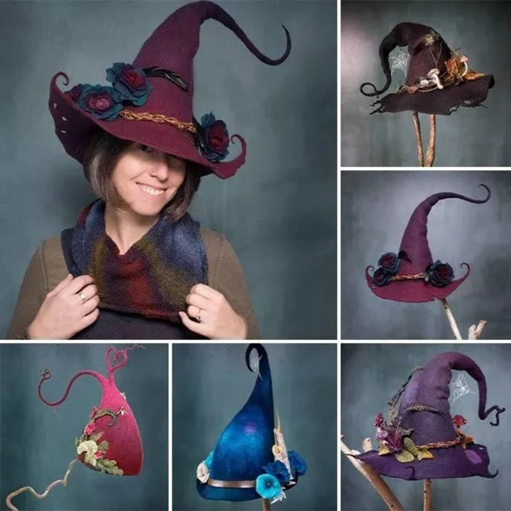 Halloween Witch Hat Felted Wool with Spiderweb Embroidery and Floral Design for Costume Party