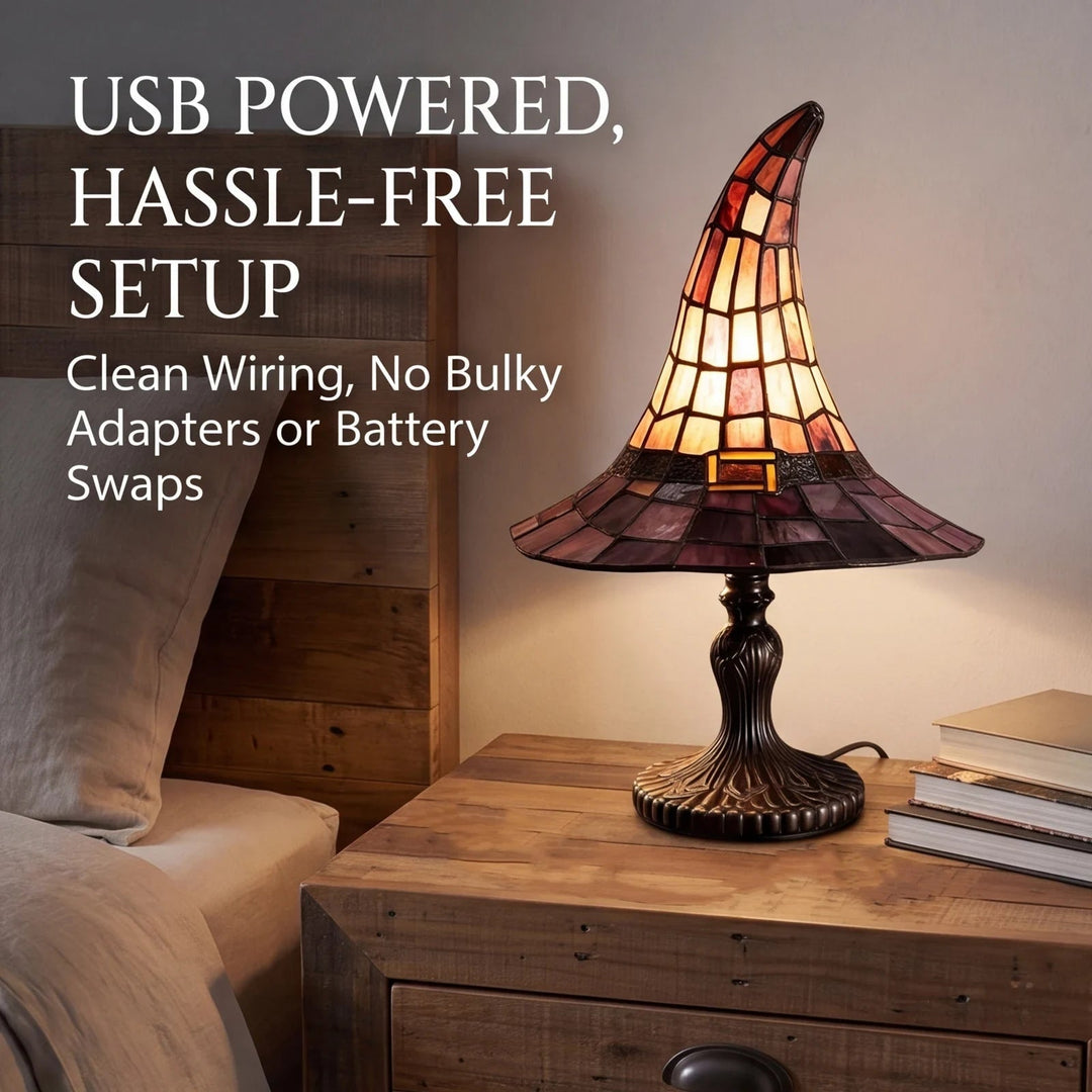 Halloween Witch Hat Stained Glass Table Lamp with USB Power and Warm Glow Bedside Light