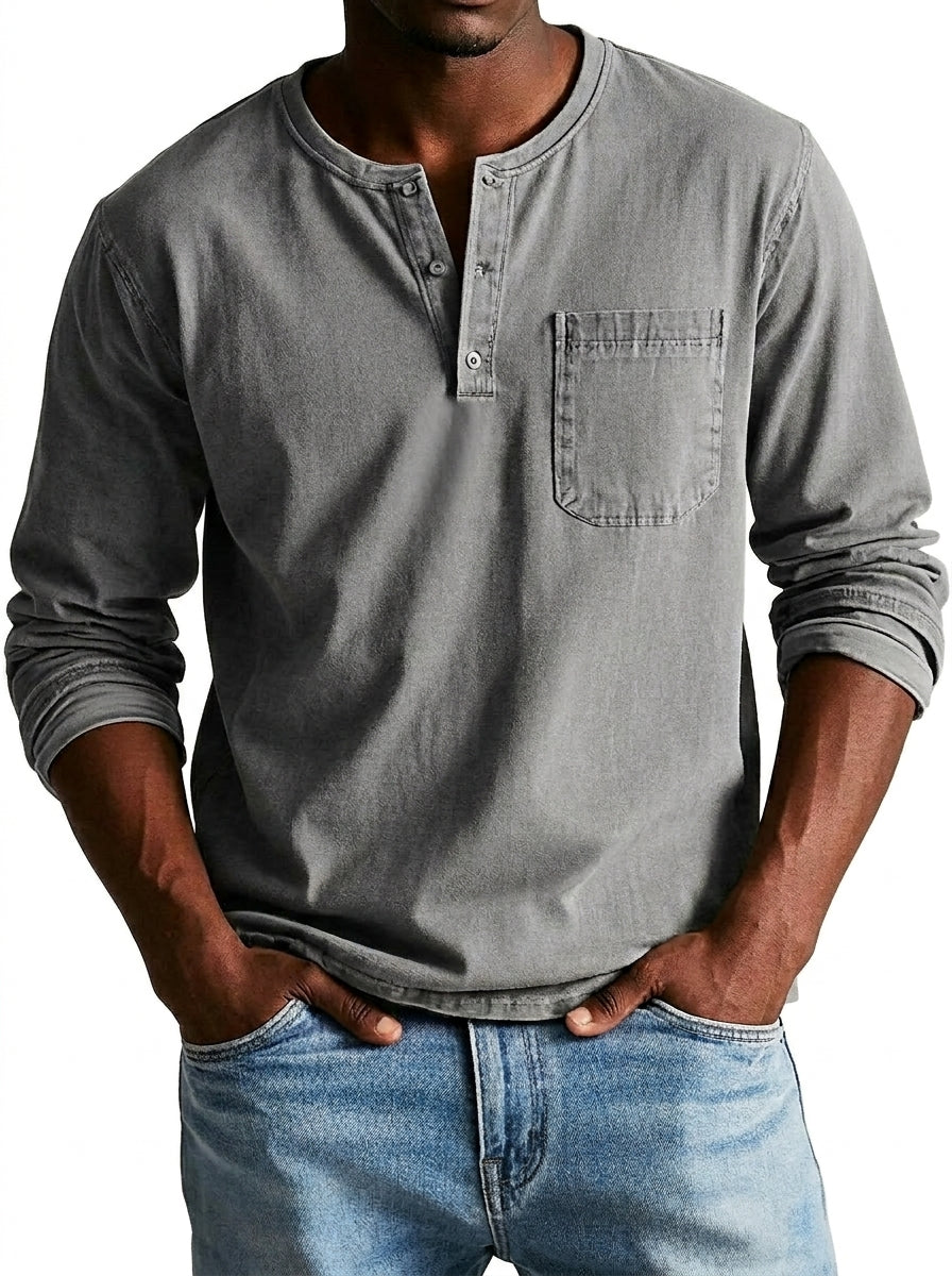 Men's Long-Sleeve Henley Shirt with Button Placket and Chest Pocket