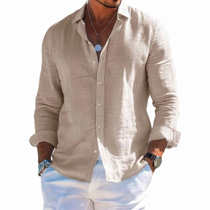 Men's Solid-Colored Lapel Beach Long-Sleeve Shirt