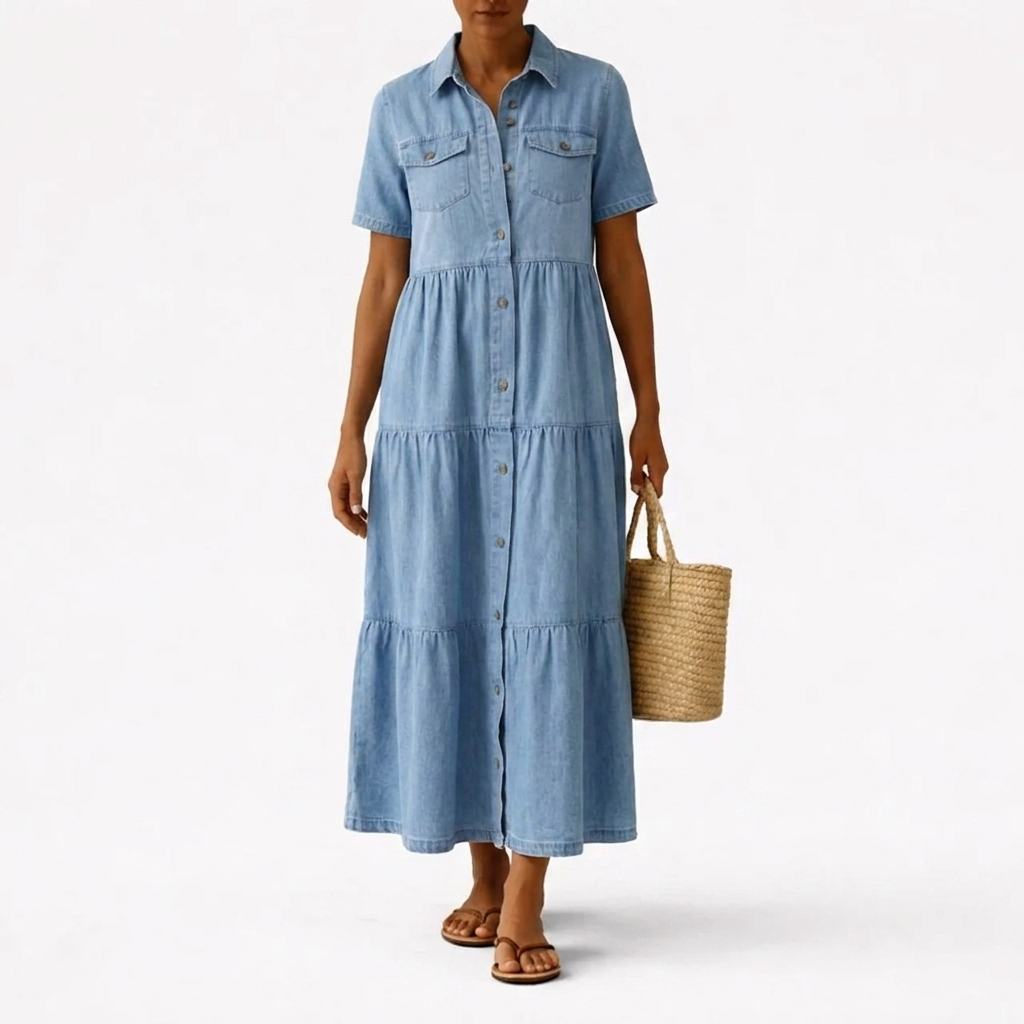 Denim-Print Midi Dress – Relaxed Cut with Front Button Placket