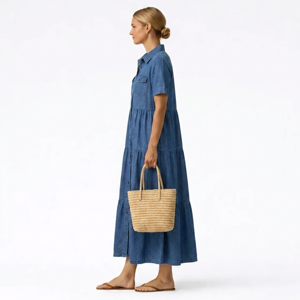 Denim-Print Midi Dress – Relaxed Cut with Front Button Placket