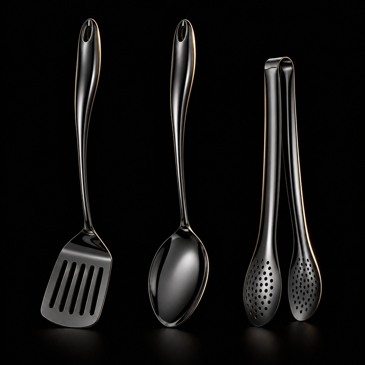 Stainless steel kitchen utensil set with curved handles, 3 to 11 pieces