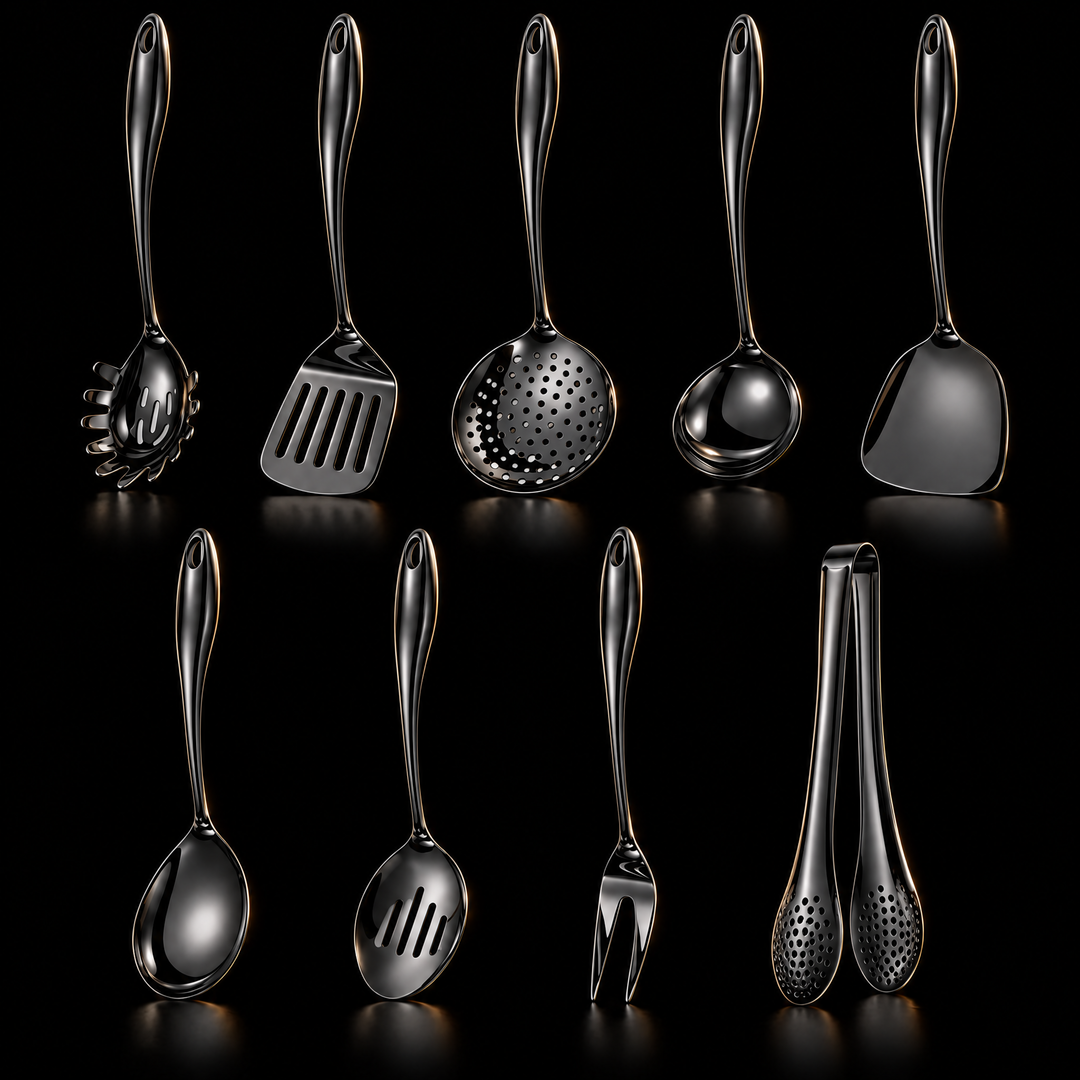 Stainless steel kitchen utensil set with curved handles, 3 to 11 pieces