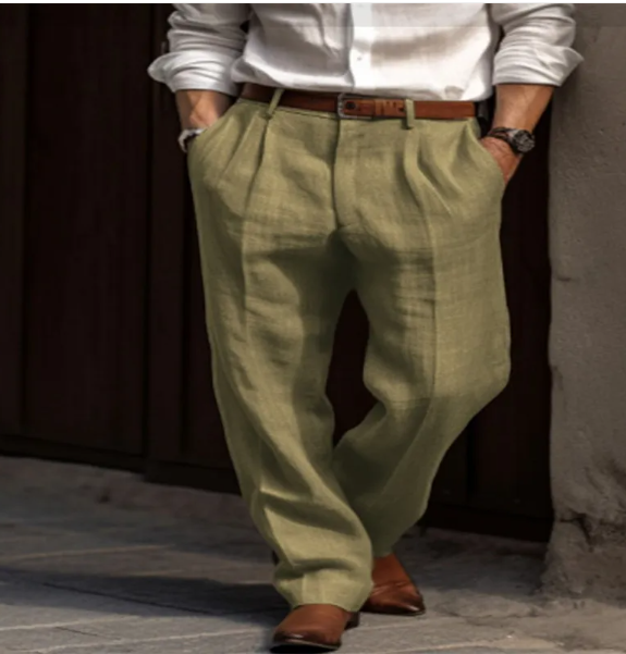Men's Pleated Pants - Relaxed Fit Cotton Pants Elasticated Waist