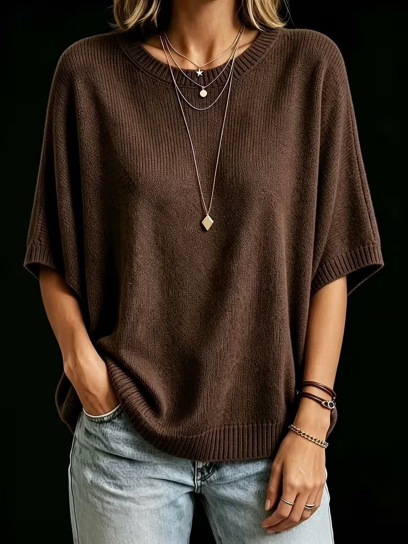 Casual Knit Top with Short Batwing Sleeves and Round Neckline