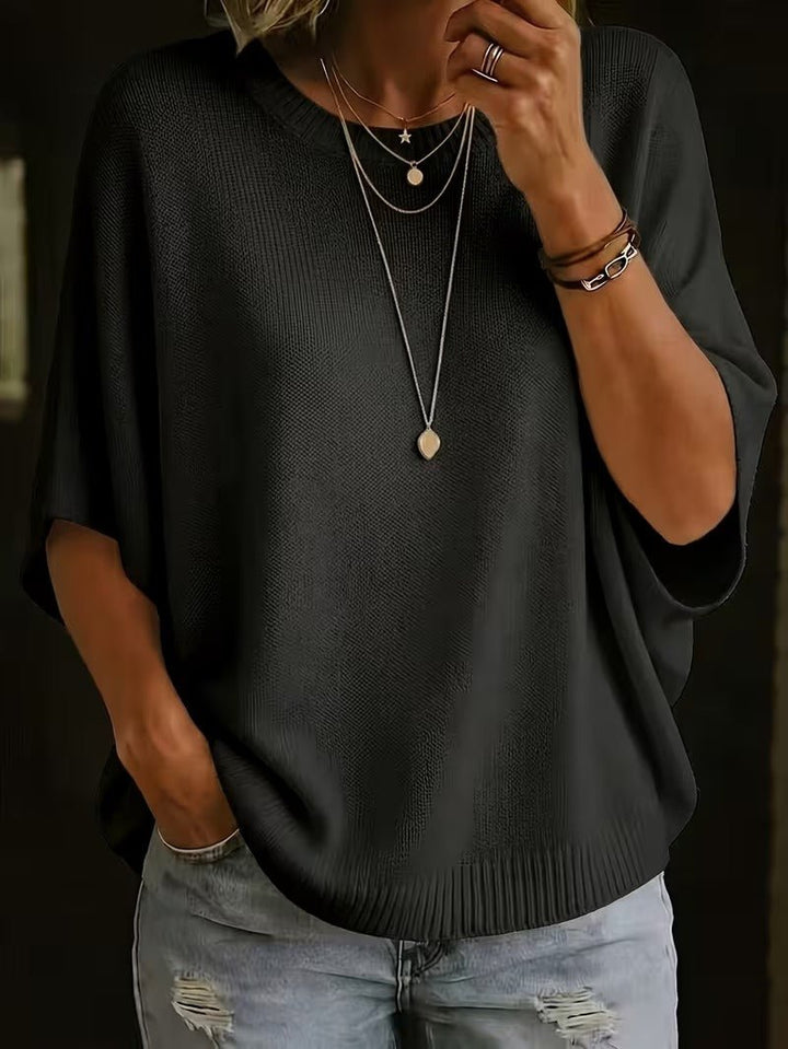 Casual Knit Top with Short Batwing Sleeves and Round Neckline