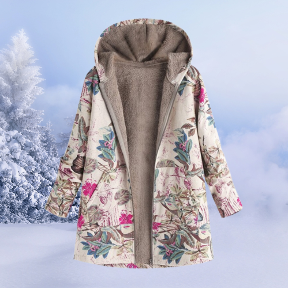 Women's Floral Print Winter Jacket with Hood - Reversible