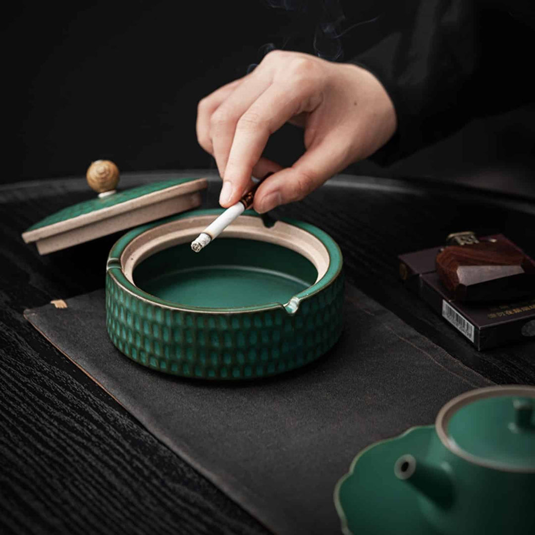 Handmade Ceramic Ashtray with Wooden Lid, 12.5 cm