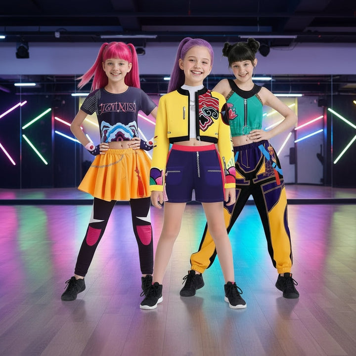 Kids' Halloween Hip Hop Dance Costume with Cropped Jacket Graphic Top and Flared Skirt