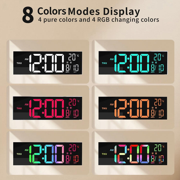 Large Digital Wall Clock with Rgb LED Display Nightlight and Dual Alarms Modern