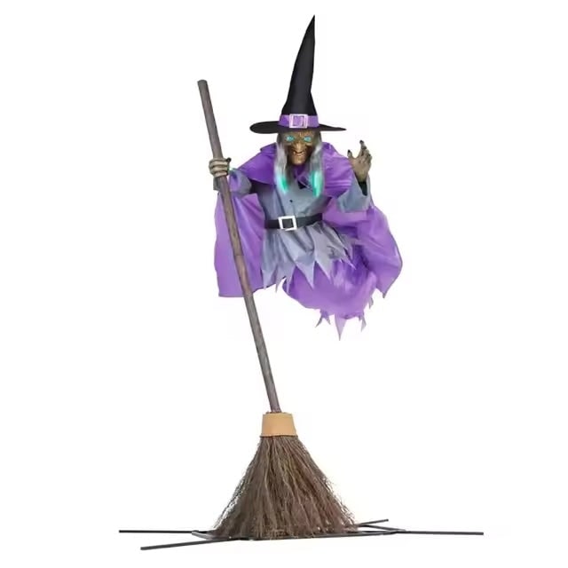 Life-Size Flying Witch Halloween Decor and Prop with Glowing LED Eyes and Broomstick Stand