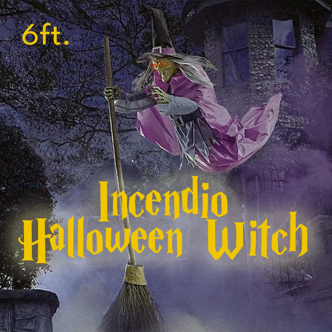 Life-Size Flying Witch Halloween Decor and Prop with Glowing LED Eyes and Broomstick Stand