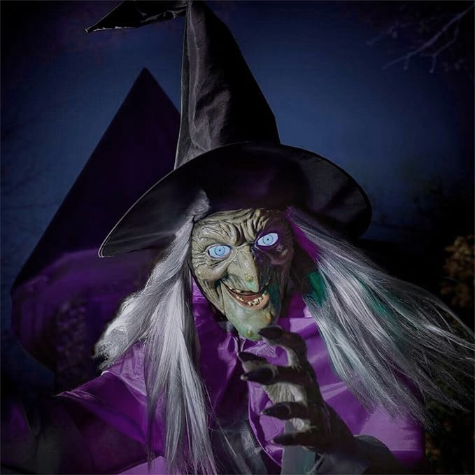 Life-Size Flying Witch Halloween Decor and Prop with Glowing LED Eyes and Broomstick Stand