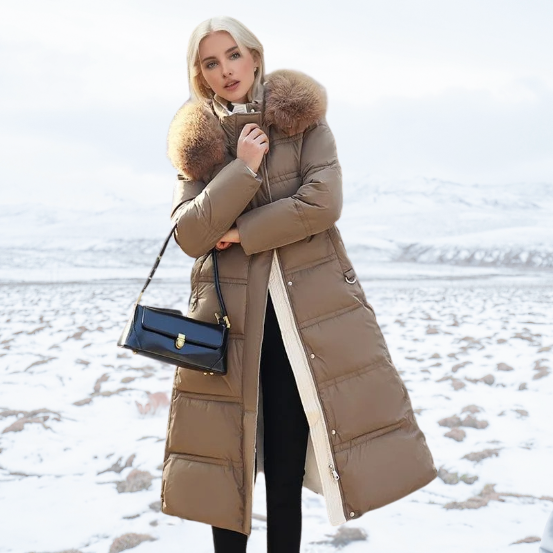 Long Faux Fur Coat with Quilted Puffer Insulation Fur-Trimmed Hood Matching Belt